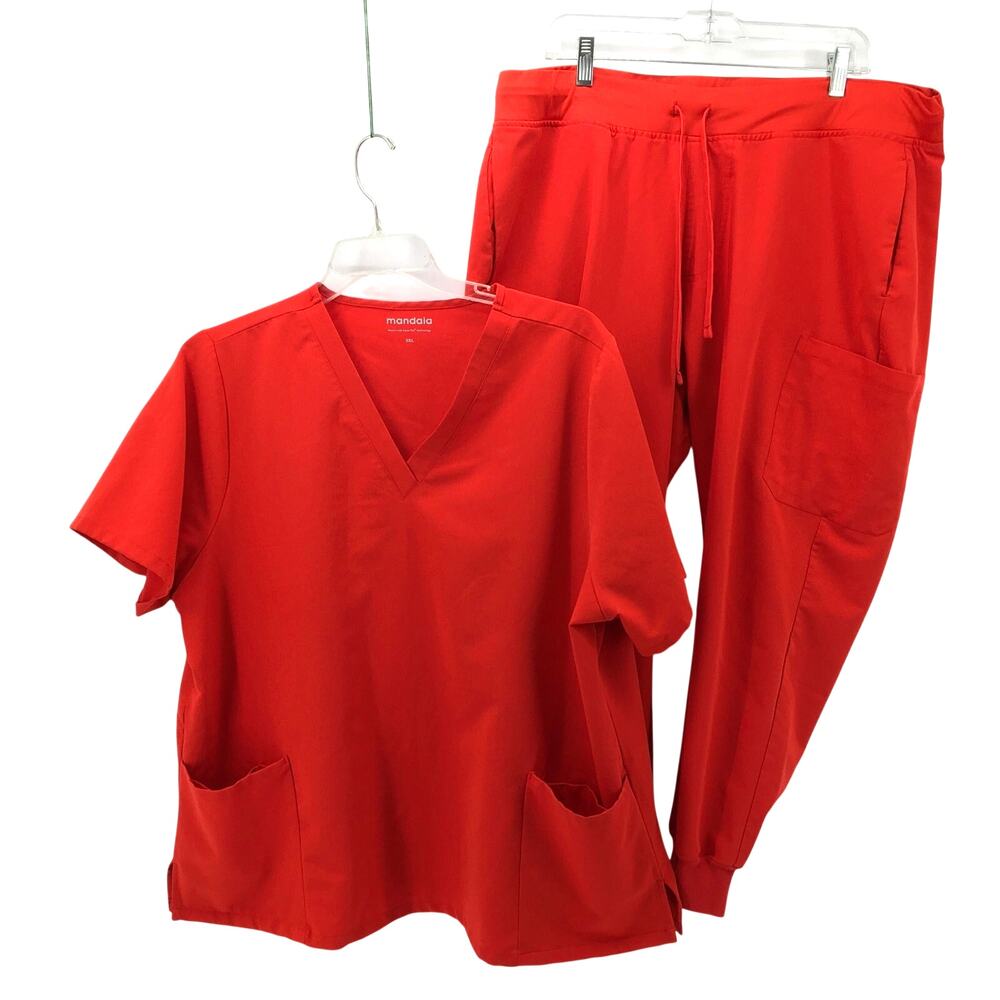 Mandala Scrubs Set Candy Red V neck Top & Jogger Bottom Nursing 2XL Plus Nursing
